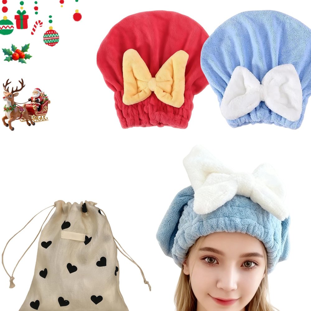 2Pcs Super Absorbent Microfiber Hair Towel Wrap for Women Soft Bow Tie Wet Hairs Towel Wrap Accessories for Girls and Women (Red+Blue)