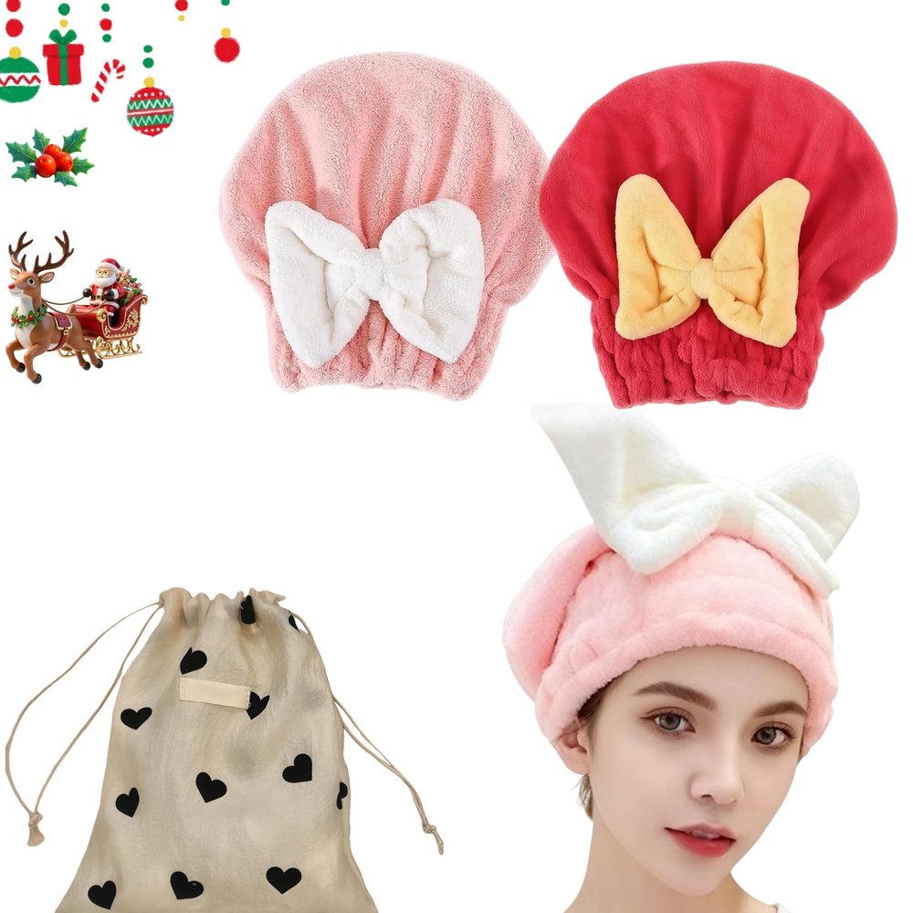 2Pcs Super Absorbent Microfiber Hair Towel Wrap for Women Soft Bow Tie Wet Hairs Towel Wrap Accessories for Girls and Women (Pink+Red)