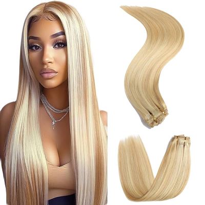 P27/613 Blonde Clip in Hair Extensions - 20 Inch Real Highlight Human Hair,120g 7pcs,Honey Blonde Human Hair Extensions Clip ins for Women