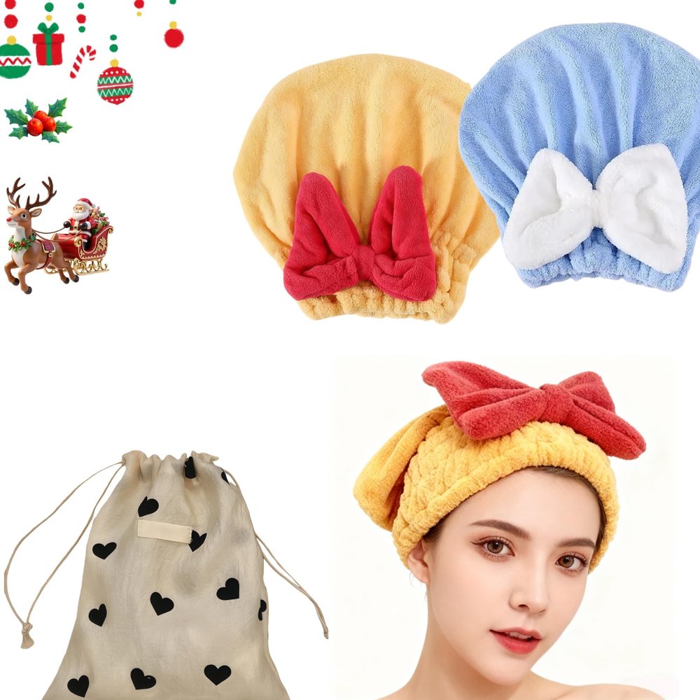 2Pcs Super Absorbent Microfiber Hair Towel Wrap for Women Soft Bow Tie Wet Hairs Towel Wrap Accessories for Girls and Women (Yellow+Blue)
