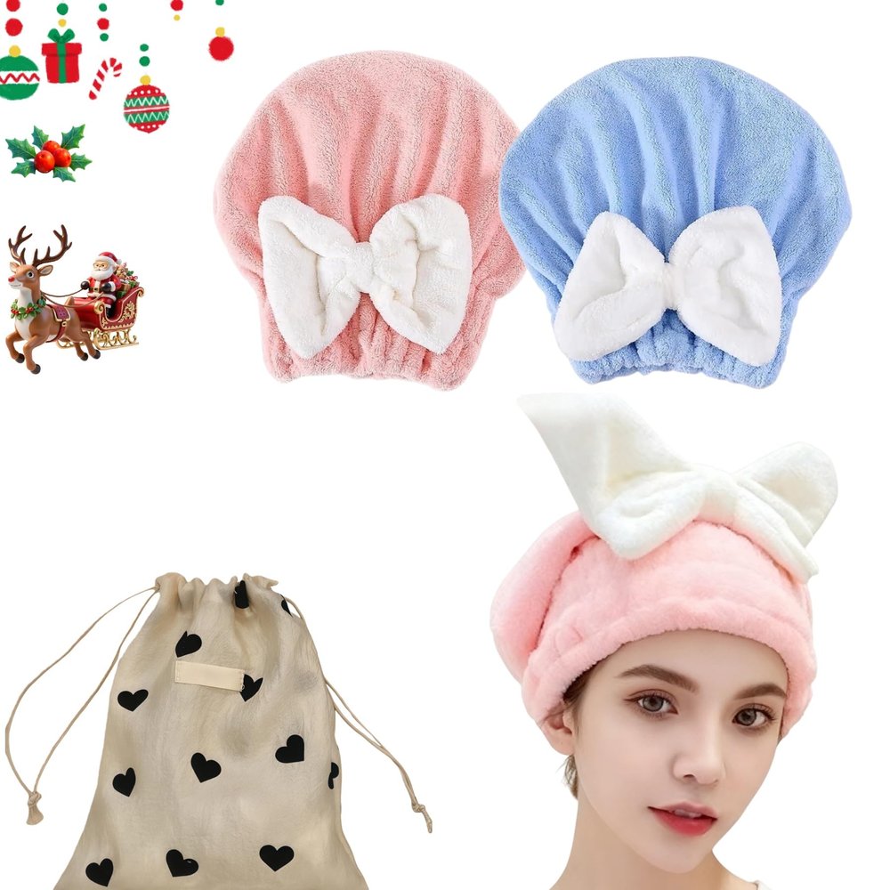 2Pcs Super Absorbent Microfiber Hair Towel Wrap for Women Soft Bow Tie Wet Hairs Towel Wrap Accessories for Girls and Women (Pink+Blue)