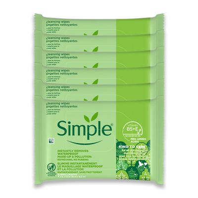 Simple Kind To Skin Cleansing Makeup Remover Wipes - Vegan Facial Cleanser Wipes with Vitamin B5 and E - Removes Waterproof Makeup - 6 pc