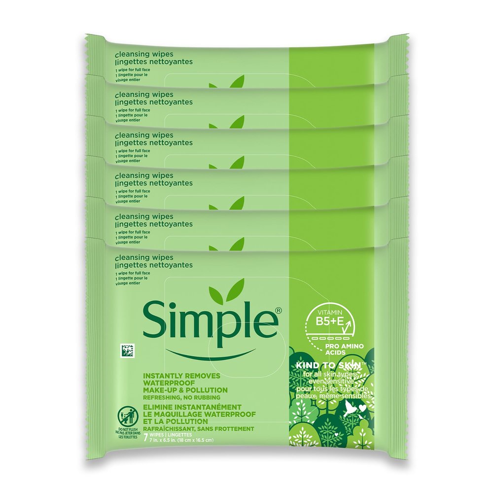 Simple Kind To Skin Cleansing Makeup Remover Wipes - Vegan Facial Cleanser Wipes with Vitamin B5 and E - Removes Waterproof Makeup - 6 pc