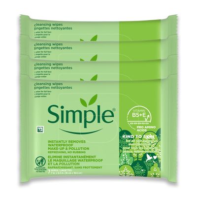 Simple Kind To Skin Cleansing Makeup Remover Wipes - Vegan Facial Cleanser Wipes with Vitamin B5 and E - Removes Waterproof Makeup - 4 pc