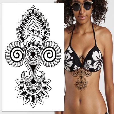 Lotus Flower Mandala Temporary Tattoo Large Black Henna Chain Tear Drop Arabic For Underboob Chest Sternum Back Waterproof Fake tattoo Body makeup scar cover up Jewel Mandala Ornamental Body Art (8)