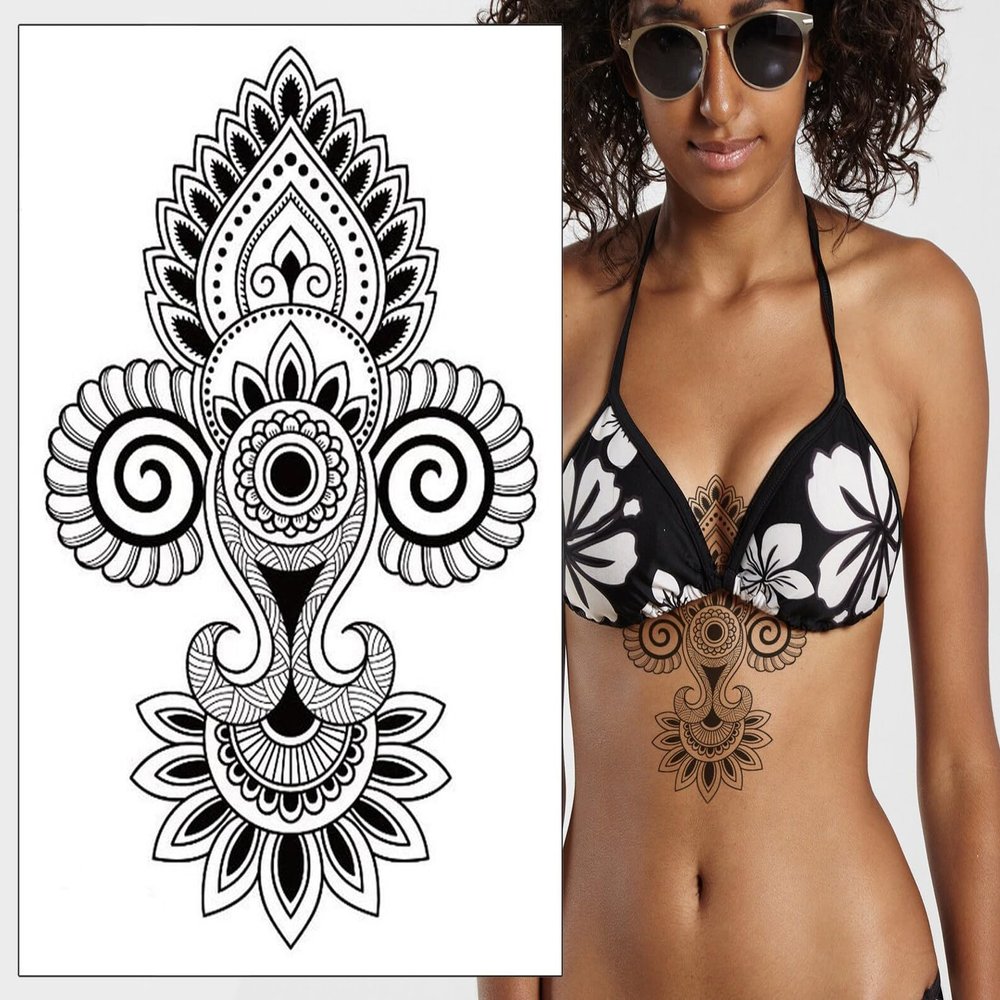 Lotus Flower Mandala Temporary Tattoo Large Black Henna Chain Tear Drop Arabic For Underboob Chest Sternum Back Waterproof Fake tattoo Body makeup scar cover up Jewel Mandala Ornamental Body Art (8)
