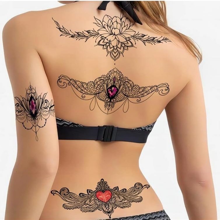 Lotus Flower Mandala Temporary Tattoo Large Black Henna Chain Tear Drop Arabic For Underboob Chest Sternum Back Waterproof Fake tattoo Body makeup scar cover up Jewel Mandala Ornamental Body Art (6)