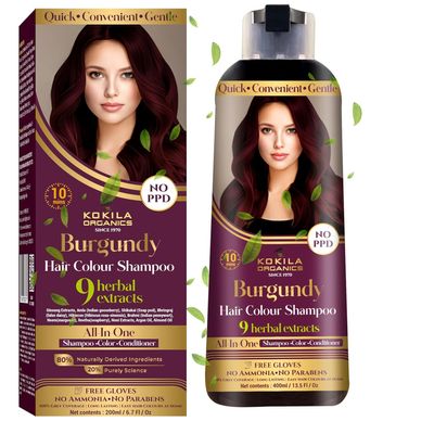 K.o.k.i.la Organic Burgundy Hair Colour Shampoo, 9 Herbal Extracts, No PPD, No Ammonia, No Parabens,10 Minutes Application, All.In.One Shampoo Color Conditioner,400ml,10 Pair Free Gloves,for Women&Men