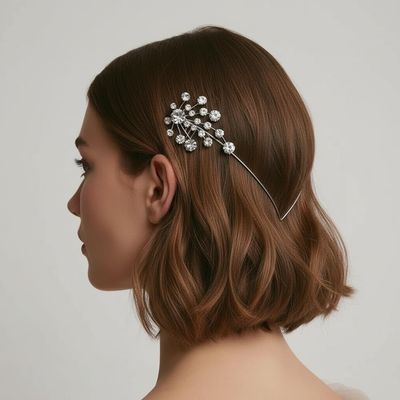 Crystal Zirconia Hair Pin, Geometric Metal Hair Accessory, Gold/Silver, Floral Branch Design, Wedding Party Daily Wear (Silver)