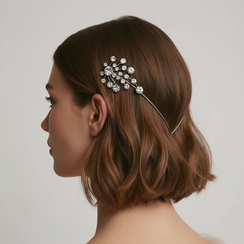 Crystal Zirconia Hair Pin, Geometric Metal Hair Accessory, Gold/Silver, Floral Branch Design, Wedding Party Daily Wear (Silver)