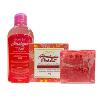 Bonita Himalayan Pink Salt Bundle Face & Body Oil SPF 30 with Collagen Korean Citron Moringa + Exfoliating Salt Soap with Ferment Extracts Shea Butter for Hydration & Skin Care 100ml 80g