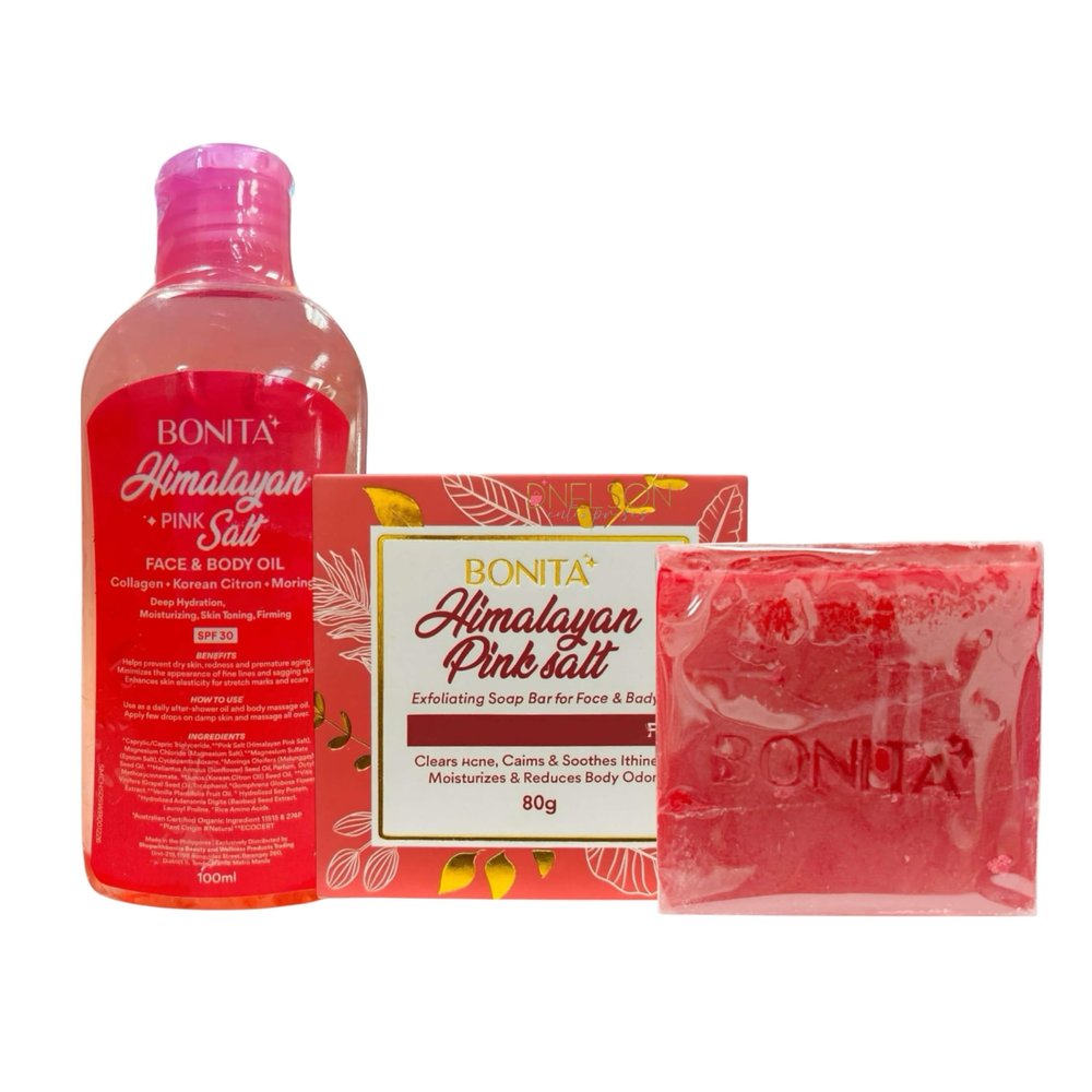 Bonita Himalayan Pink Salt Bundle  Face & Body Oil SPF 30 with Collagen Korean Citron Moringa + Exfoliating Salt Soap with Ferment Extracts Shea Butter for Hydration & Skin Care 100ml 80g