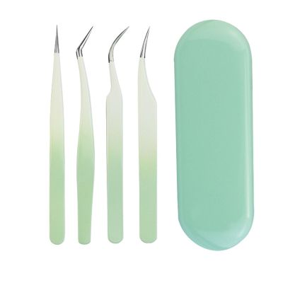 4pcs Eyelash Tweezers Set, Stainless Steel False Eyelash Extension Tweezers Kit, High Hardness Multifunctional Eyelashes Applicator Tools with Tight Tip Alignment for Home Salon an (Green)