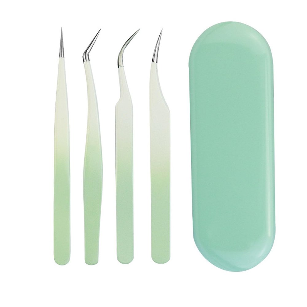 4pcs Eyelash Tweezers Set, Stainless Steel False Eyelash Extension Tweezers Kit, High Hardness Multifunctional Eyelashes Applicator Tools with Tight Tip Alignment for Home Salon an (Green)