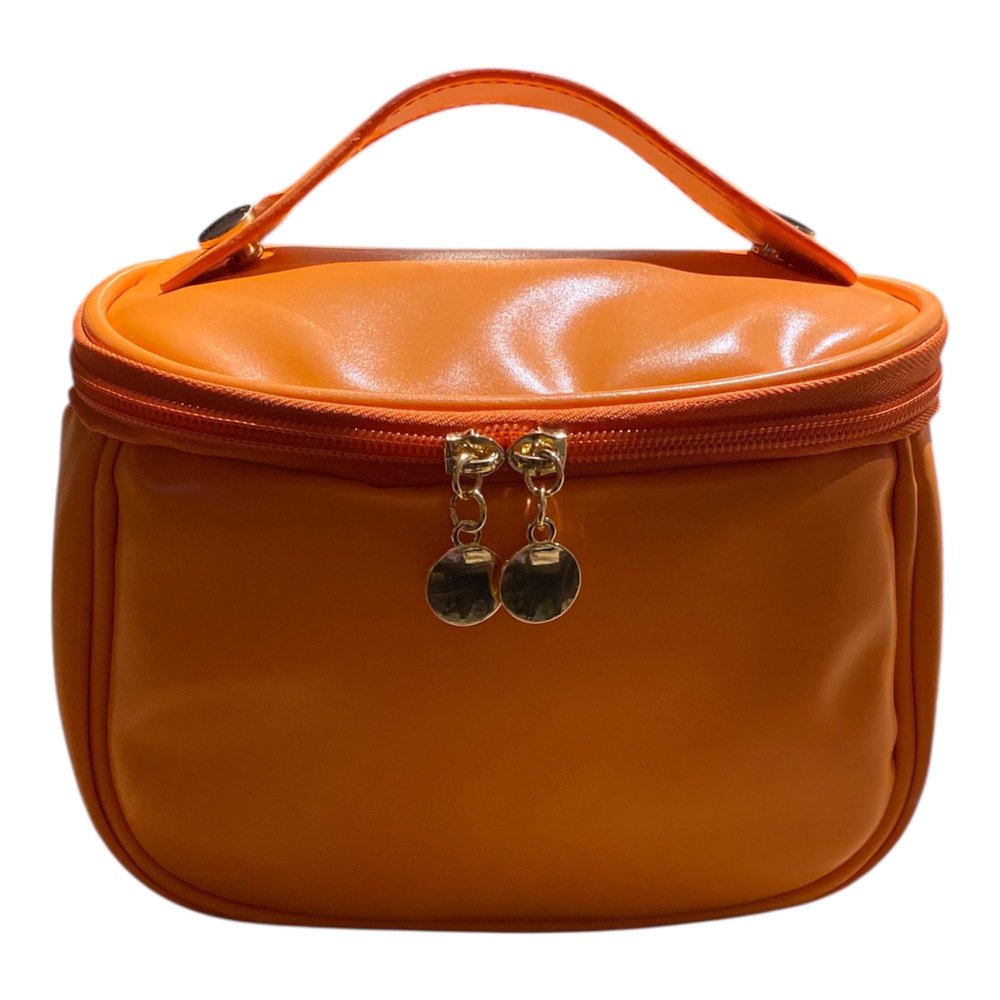 Adjour Cosmetic Bag with Top Handle, Orange, Water-Resistant Synthetic Leather, 8.5 x 8 x 6 Inches, Vanity Case for Travel and Daily Makeup Storage