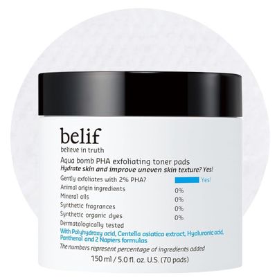 belif PHA 2% Toner Pads Gentle Exfoliating Facial Polish for Pore Care, Hydrating & Soothing with Panthenol & Cica, Ideal for Sensitive Skin, Korean Skincare (70 Count) (70 Pads, New Formula)