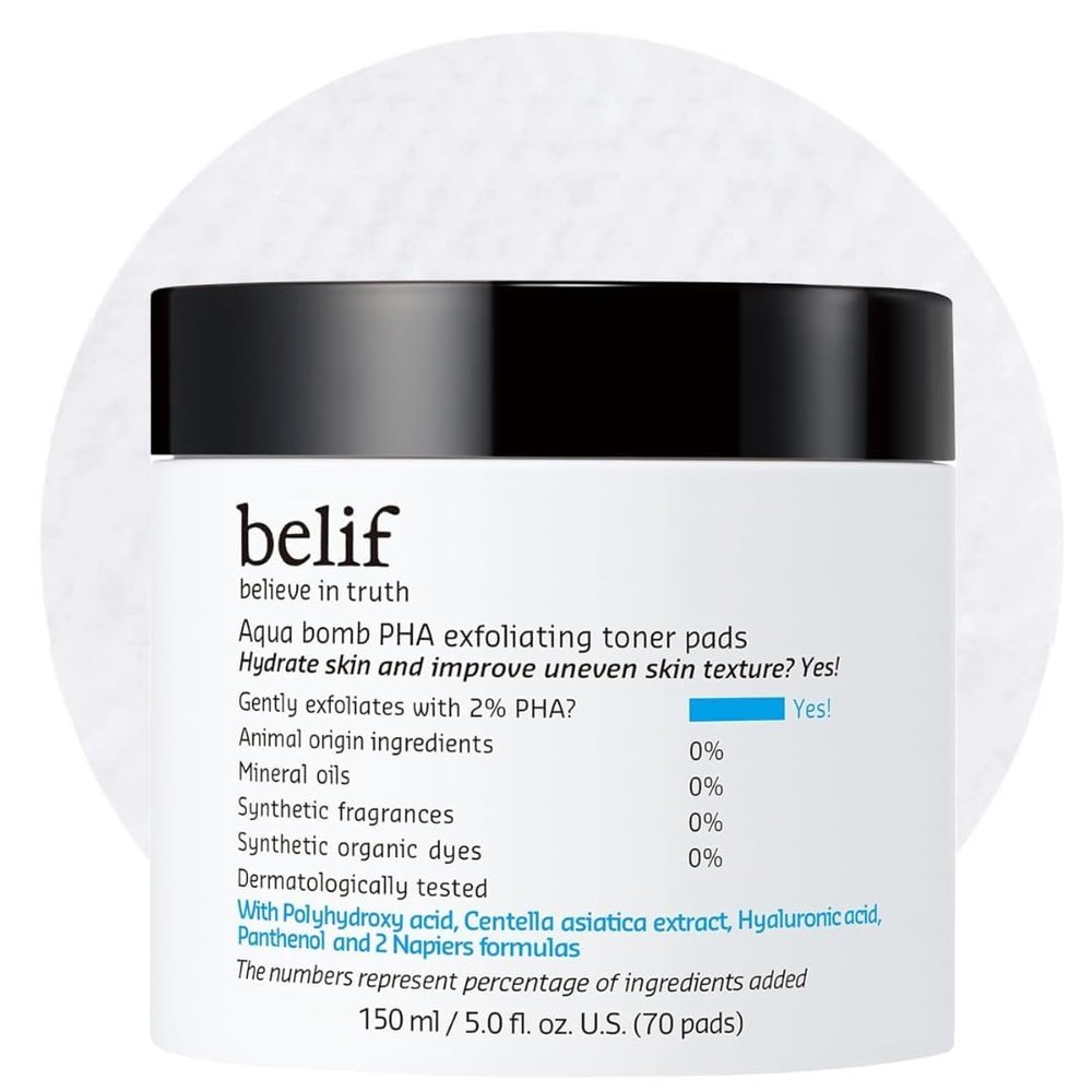 belif PHA 2% Toner Pads Gentle Exfoliating Facial Polish for Pore Care, Hydrating & Soothing with Panthenol & Cica, Ideal for Sensitive Skin, Korean Skincare (70 Count) (70 Pads, New Formula)