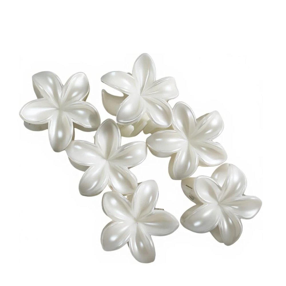 6-Pack Camellia Hair Claw Clips - Pearl White Luxury Flower Hair Accessories, Small Elegant Bang & Side Hair Clips for Women