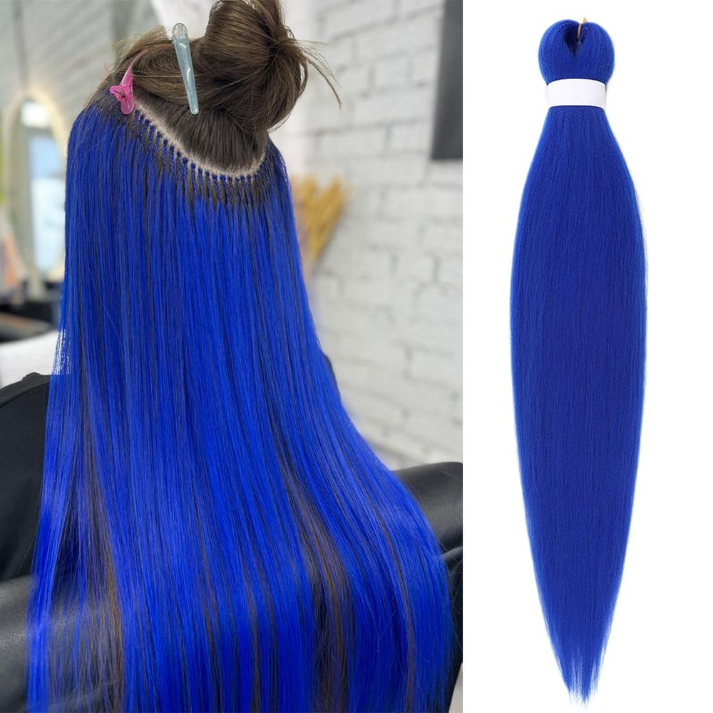 Saisifen Pre Stretched Braiding Hair Extensions for DIY Crochet Braids Ponytails and Highlight Hair Blue Synthetic Hair Extension Yaki Straight 1Pack 90g 26 Inches