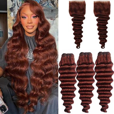Reddish Brown Bundles Human Hair with Closure 10A Brazilian Colored Loose Deep Wave Human Hair 3Bundles and 4x4 Lace Closure (Reddish Brown 12 14 16+12)