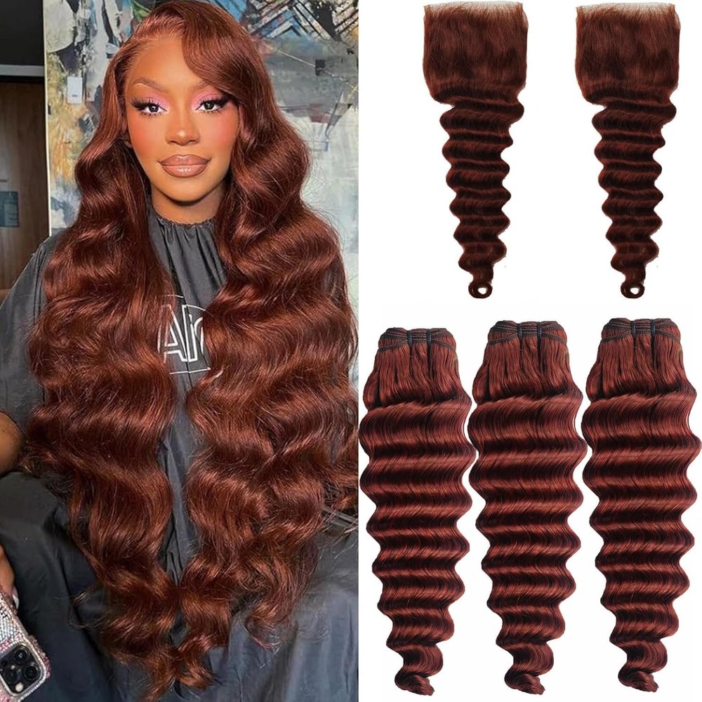 Reddish Brown Bundles Human Hair with Closure 10A Brazilian Colored Loose Deep Wave Human Hair 3Bundles and 4x4 Lace Closure (Reddish Brown 12 14 16+12)