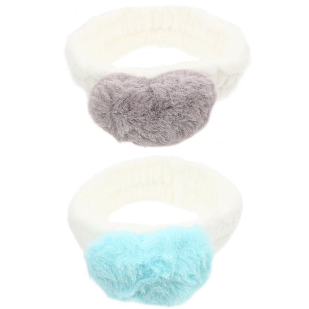 LIFKICH 2pcs Elastic Coral Fleece Hair Bands with Heart Decoration Stretchy Makeup Headbands for Women and Soft Wash Face Headband for Skincare and Spa Use Comfortable Fit