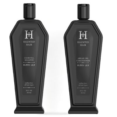 Black Lily Charcoal Shampoo and Argan Oil Conditioner Set, Sulfate-Free, Cleansing and Moisturizing Formula, Gothic Coffin Bottle, 16 Fl Oz