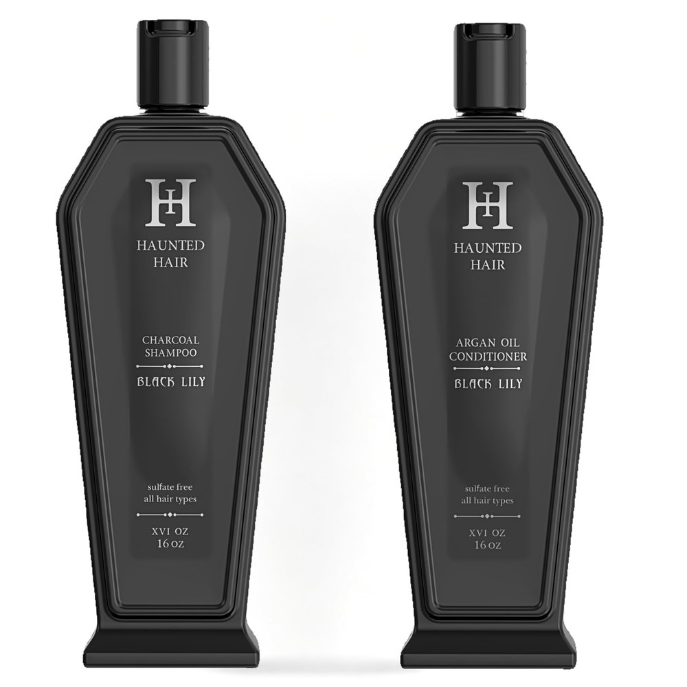 Black Lily Charcoal Shampoo and Argan Oil Conditioner Set, Sulfate-Free, Cleansing and Moisturizing Formula, Gothic Coffin Bottle, 16 Fl Oz
