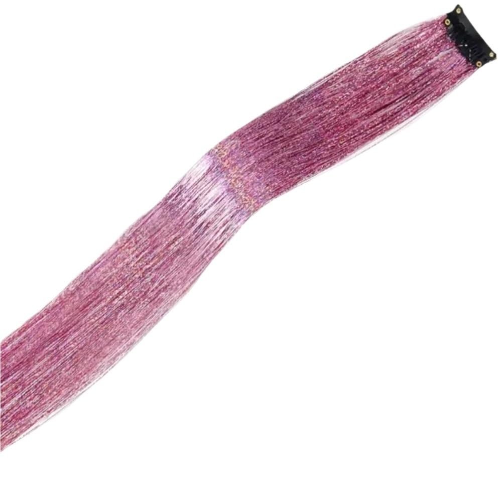 ALLUREMOUR Long Straight Speakling Shiny Hair Extensions Synthetic Wig Clip In Hair Shiny Highlight Rainbow Hairpiece For Girls (PINK_20INCHES)