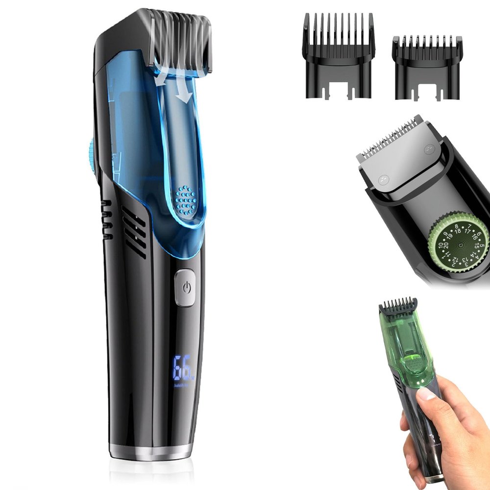 Built In Vacuum Trimmer for Mustache & Beard  Waterproof Rechargeable Vacuum Beard Trimmer with Adjustable Length Comb, Dual-Motor No-Mess Facial Hair Clipper for Sideburns & Stubble (Blue)