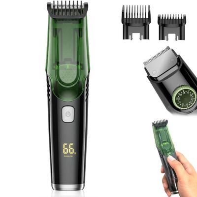 Built In Vacuum Trimmer for Mustache & Beard  Waterproof Rechargeable Vacuum Beard Trimmer with Adjustable Length Comb, Dual-Motor No-Mess Facial Hair Clipper for Sideburns & Stubble (Green)