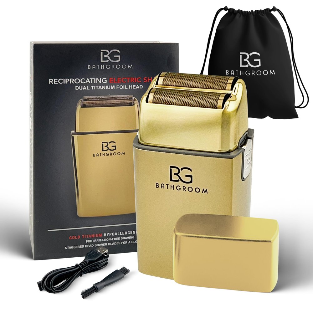 Electric Razor for Men Face with Double Titanium Foils, Professional Barber-Style shavers for Men, USB Rechargeable, Includes Cleaning Brush, Protective Cap & Pouch (Gold)