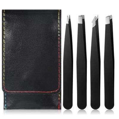 4Pcs Eyebrow Tweezer Mini Tweezer Set for Women Men Black Stainless Steel Precision Tweezers for Facial Hairs Ingrown Hair Removal