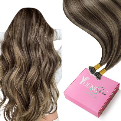 YoungSee Nano Ring Hair Extensions Highlight Hair Extensions Nano Dark Brown Highlights Caramel Blonde Hair Extension Nanobead Pre Bonded Remy Hair Extension for Adding Volume 22in 50 Strands 50g