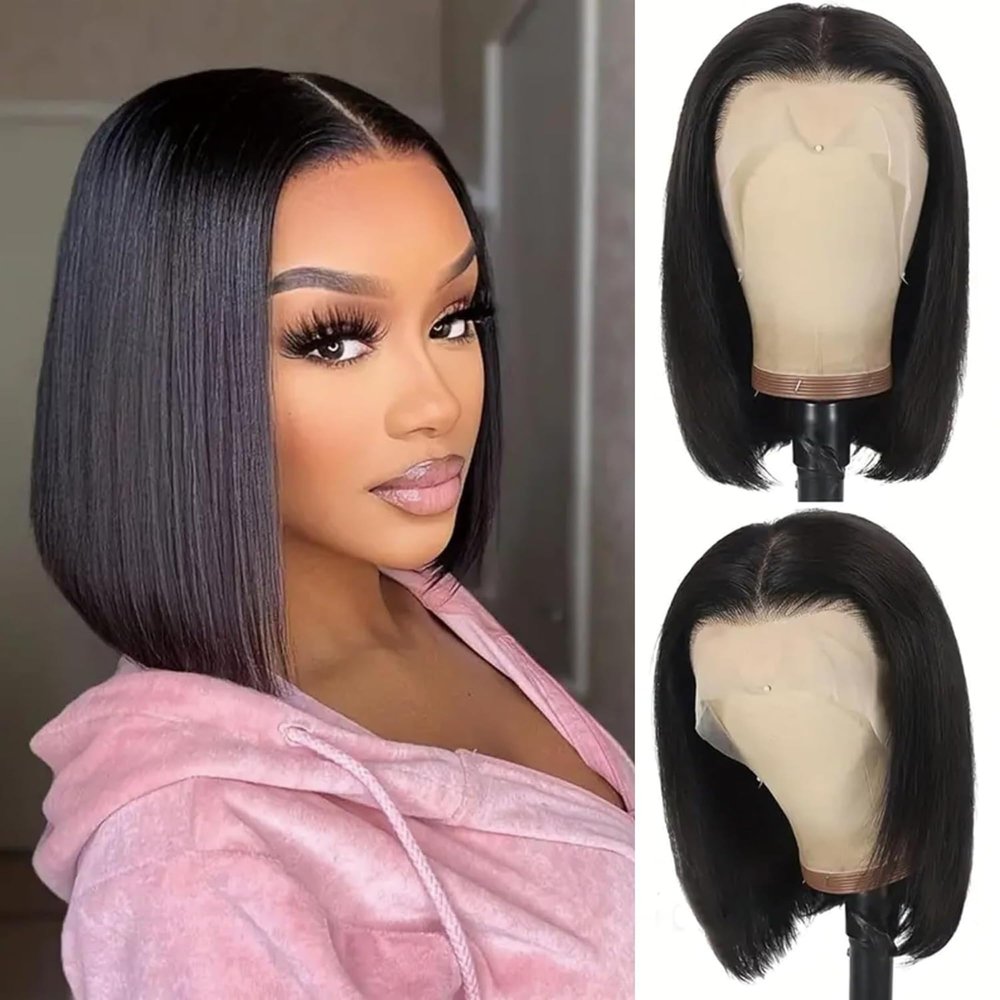 13x4 HD Lace Front Bob Wig Human Hair  Glueless Straight Bob Wig for Women, 100% Human Hair, Pre-Plucked Hairline with Baby Hair, Natural Side/Middle/Free Part Short Bob, 12 Inch