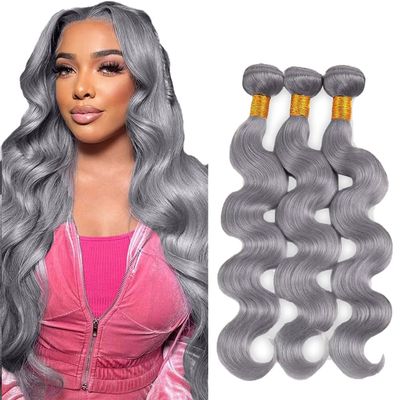 Silver Grey Body Wave Bundles Human Hair 16 18 20 Inch Virgin Human Hair Weave Extension 3 Bundles Brazilian Unprocessed Virgin Soft Quick Weave Hair for Black Women