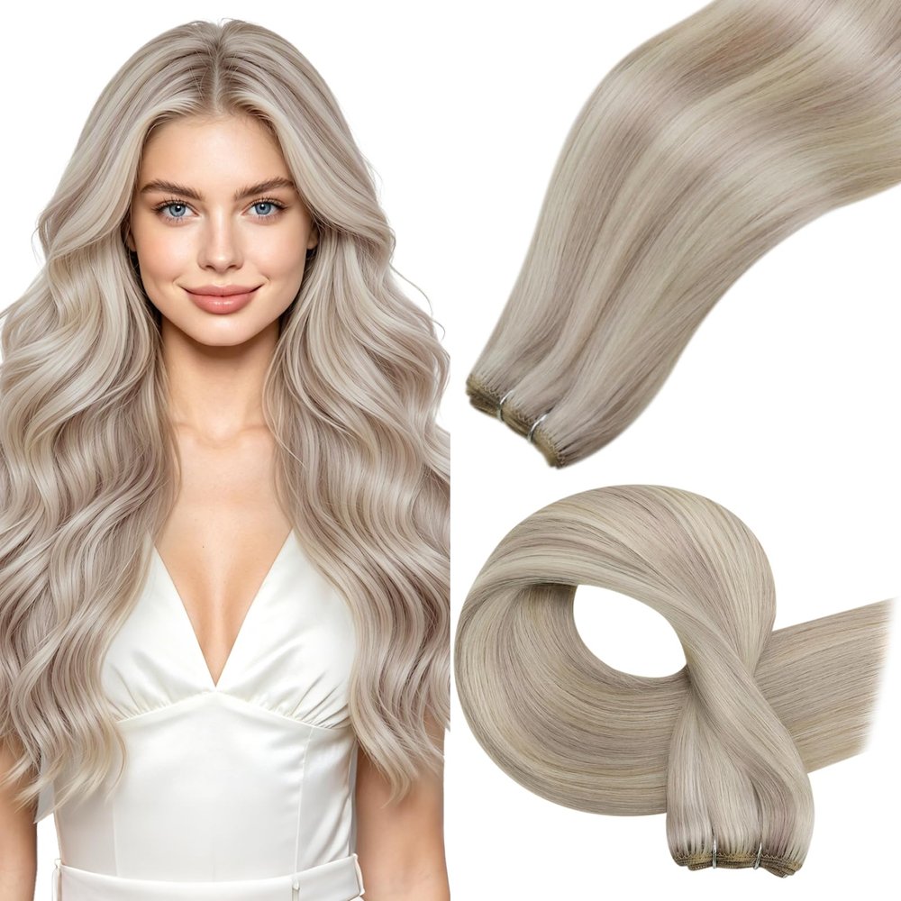 Hetto Sew in Hair Extensions Real Human Hair Ash Blonde 16Inch 80g