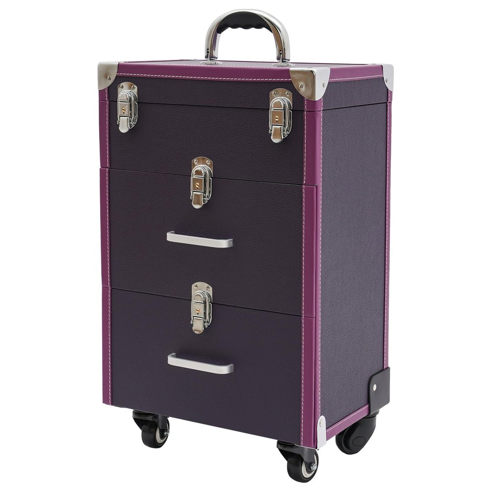 Professional Rolling Makeup Case with Wheels - 2 Large Drawers for Travel, Portable Makeup Suitcase with Lock, Makeup Trolley Cases for Hairstylists & Stylist, Beautician, Embroidery Artist, Purple