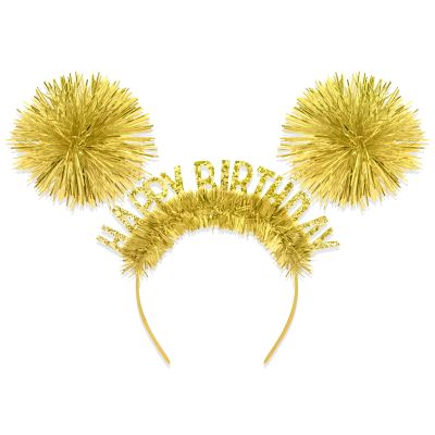 CAVETEE Birthday Crown for Women, Happy Birthday Headband, Glod Glitter Pom Pom Hair Hoop, Party Hair Accessory for Women & Girls