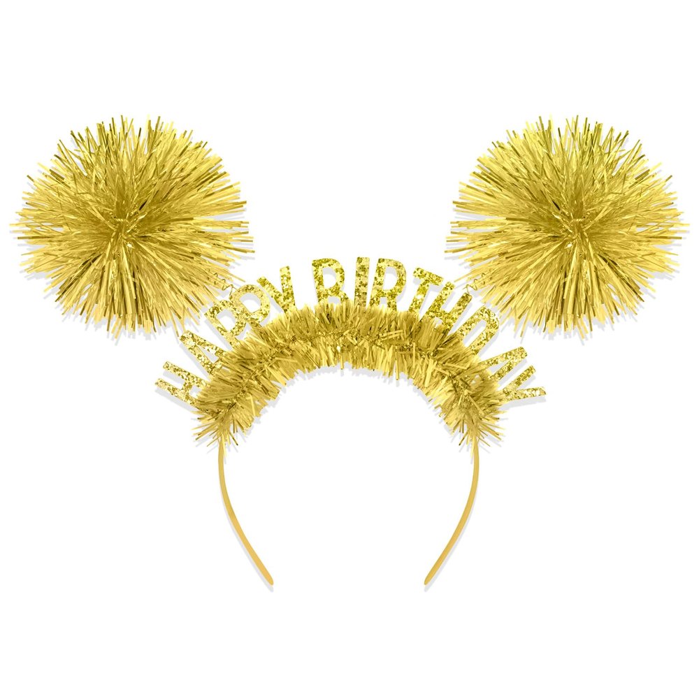 CAVETEE Birthday Crown for Women, Happy Birthday Headband, Glod Glitter Pom Pom Hair Hoop, Party Hair Accessory for Women & Girls