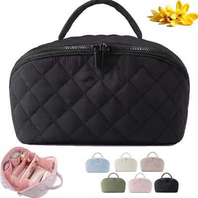 Pioautiy Illuminate Makeup Bag, Illuminate Travel Makeup Bag That Opens Flat, 180 Makeup Bag That Opens Wide Lie Flat MakeupBag, Large Capacity Toiletry Organizer for Women (Black)