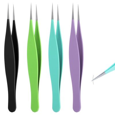4 PCS Pointed Tweezers for Women Facial Hair, Sharp Blackhead Remover, Ingrown Hair Removal Kit, Stainless Steel Tweezers for Eyebrow, Chin and Ingrown Removal (Green, Black, Purple, Blue)