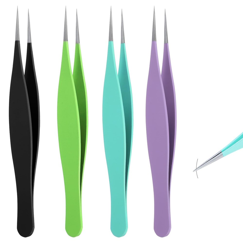 4 PCS Pointed Tweezers for Women Facial Hair, Sharp Blackhead Remover, Ingrown Hair Removal Kit, Stainless Steel Tweezers for Eyebrow, Chin and Ingrown Removal (Green, Black, Purple, Blue)