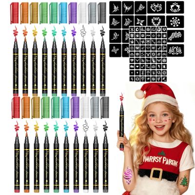 2026 New Safe Temporary Tattoo Pens, Tattoo Markers, 10 Vibrant Colors Body Markers with Reusable Stencils, Skin-Friendly Waterproof Face Paint for Kids Teens Adults Party (20 Pcs)