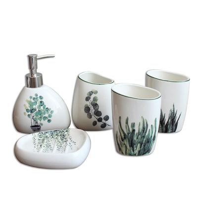 Five Piece Set of Green Plant Ceramic Toiletries for Bathroom Use