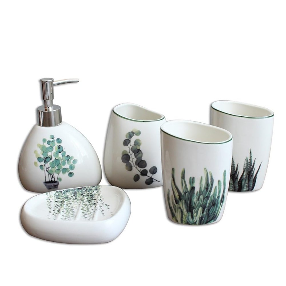 Five Piece Set of Green Plant Ceramic Toiletries for Bathroom Use