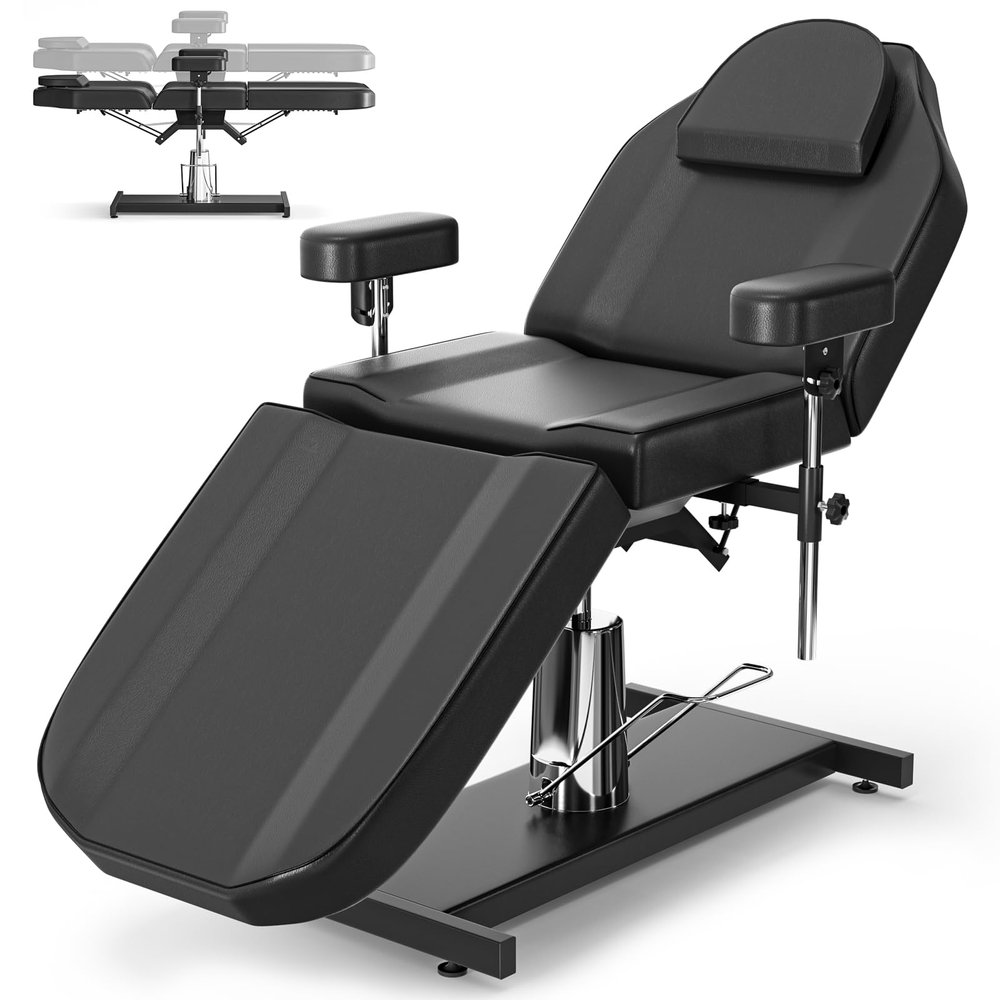 DeerDean Hydraulic Tattoo Bed & Esthetician Chair- 360 Swivel, Adjustable Spa & Facial Treatment Bed for Tattoo & Lash (Black)