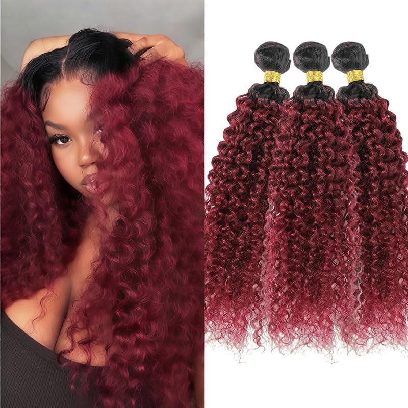 Ombre Burgundy Water Wave Bundles 18 20 22 inch Ombre Bundles Human Hair Brazilian Hair Wine Red Virgin Hair Weave for Women Black Ombre Burgundy#T1B/BURG)