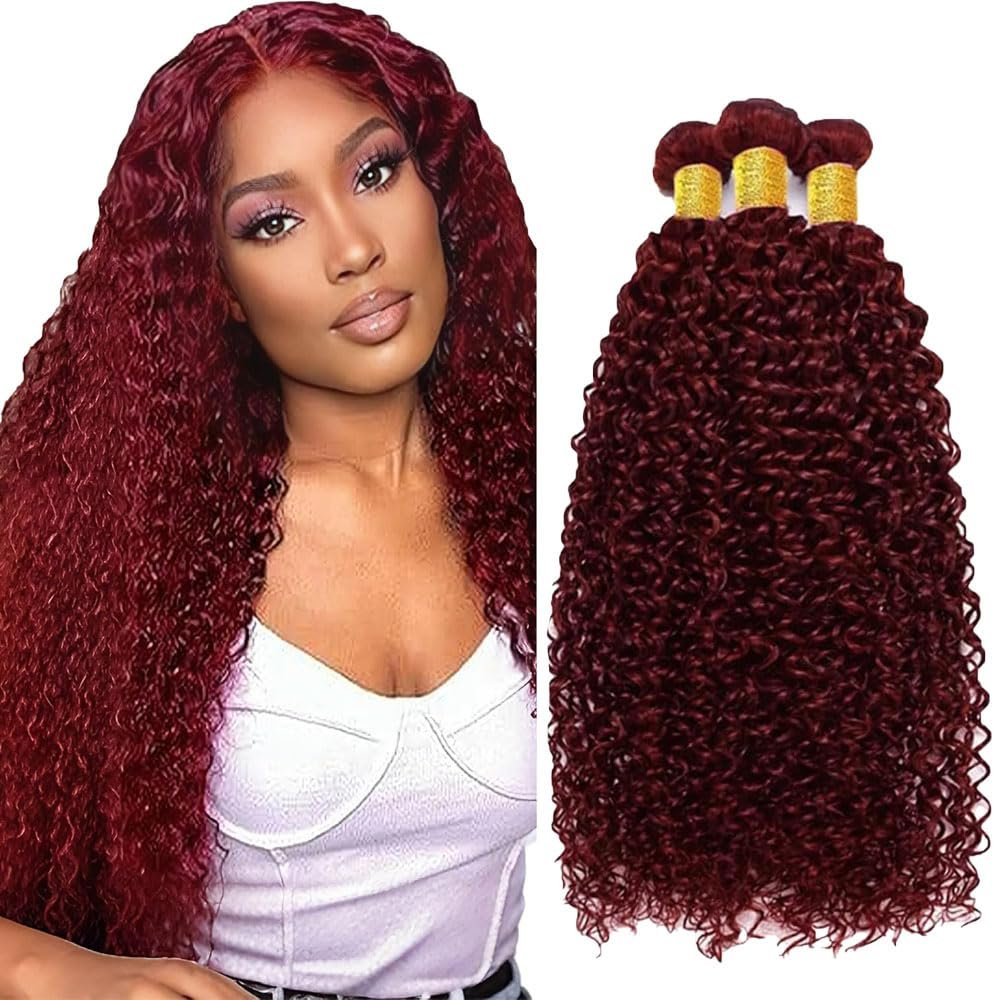 Dark Burgundy Human Hair Bundles Curly Wave 16 18 20 Inch Color 99j# Bundles Human Hair Burgundy 100G Per Bundle 300g Total Unprocessed Brazilian Virgin
