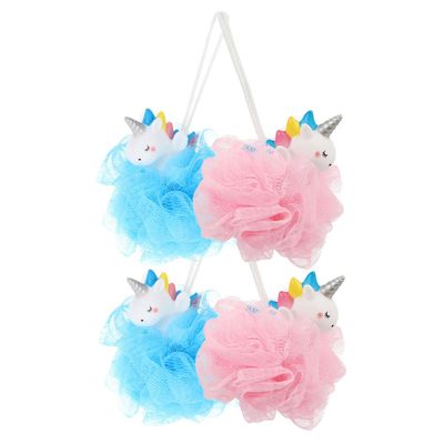 WRITWAA 4 Pcs Unicorn Loofah Sponge Soft Body Scrubber Bath Sponges for Gentle Skin Cleaning and Fun Shower Mesh Poufs in Pink and Blue for Boys